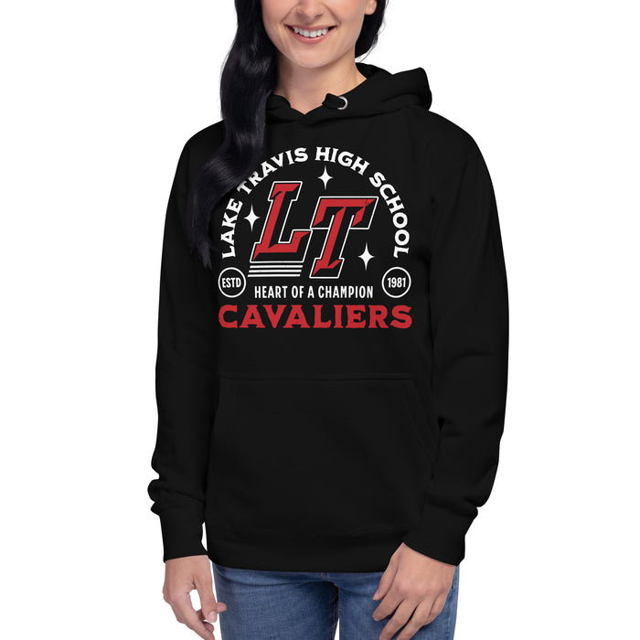 Woman wearing Lake Travis High School Cavaliers Black Premium Unisex Hoodie 208