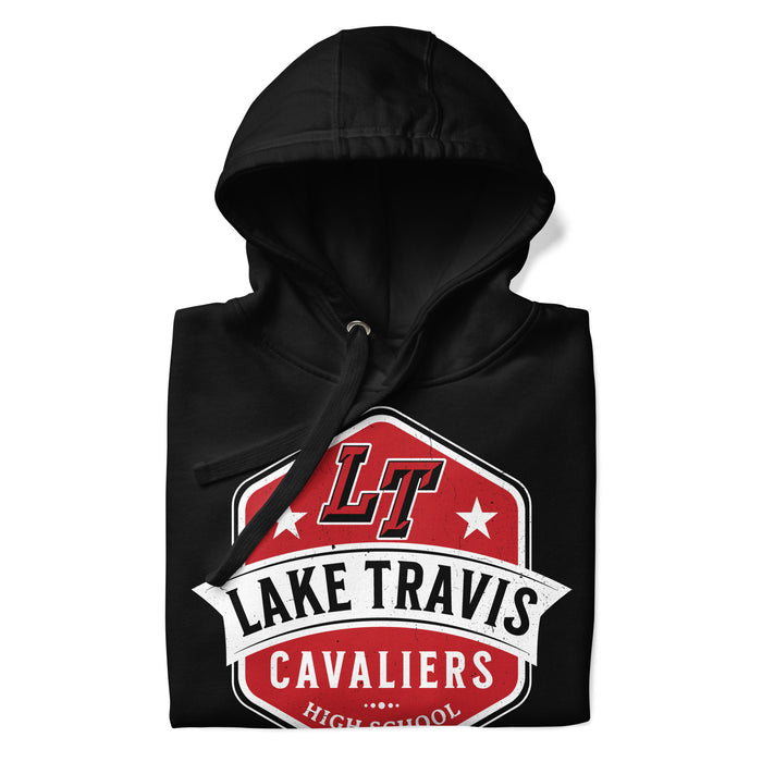 A close-up picture of a black hoodie with the Lake Travis High School Cavaliers logo folded neatly. This hoodie features design #209