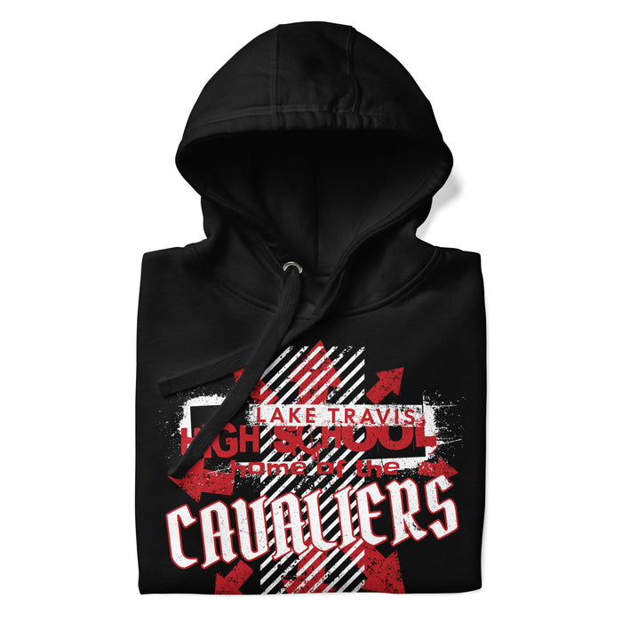 A close-up picture of a black hoodie with the Lake Travis High School Cavaliers logo folded neatly. This hoodie features design #210