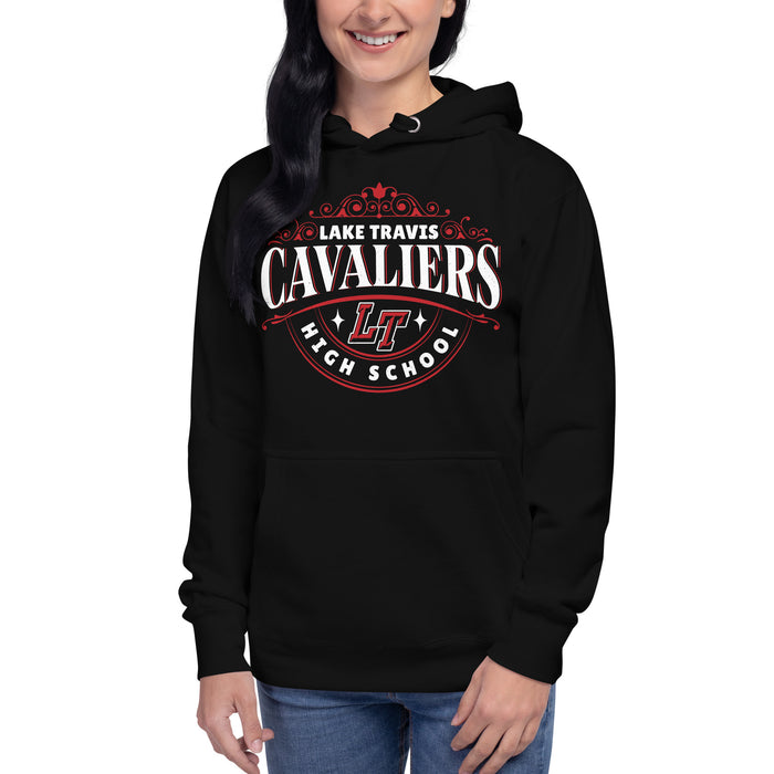 Woman wearing Lake Travis High School Cavaliers Black Premium Unisex Hoodie 211