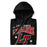 A close-up picture of a black hoodie with the Lake Travis High School Cavaliers logo folded neatly. This hoodie features design #213