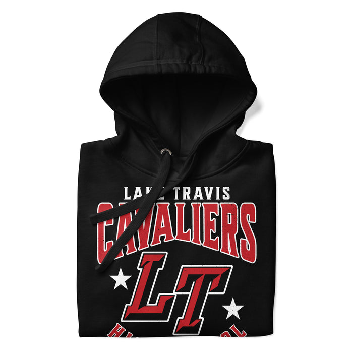 A close-up picture of a black hoodie with the Lake Travis High School Cavaliers logo folded neatly. This hoodie features design #213