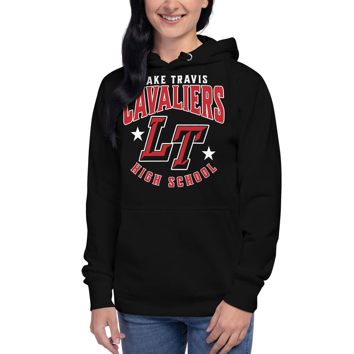 Woman wearing Lake Travis High School Cavaliers Black Premium Unisex Hoodie 213