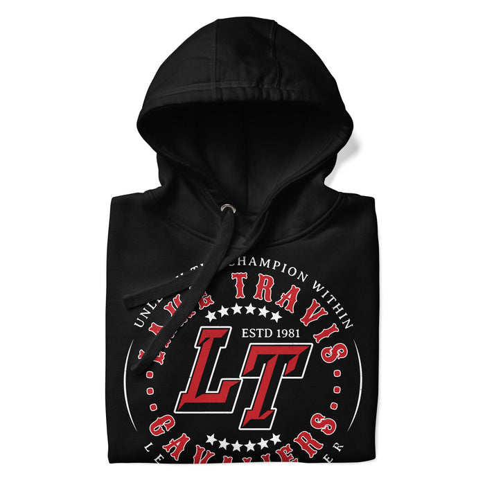 A close-up picture of a black hoodie with the Lake Travis High School Cavaliers logo folded neatly. This hoodie features design #214