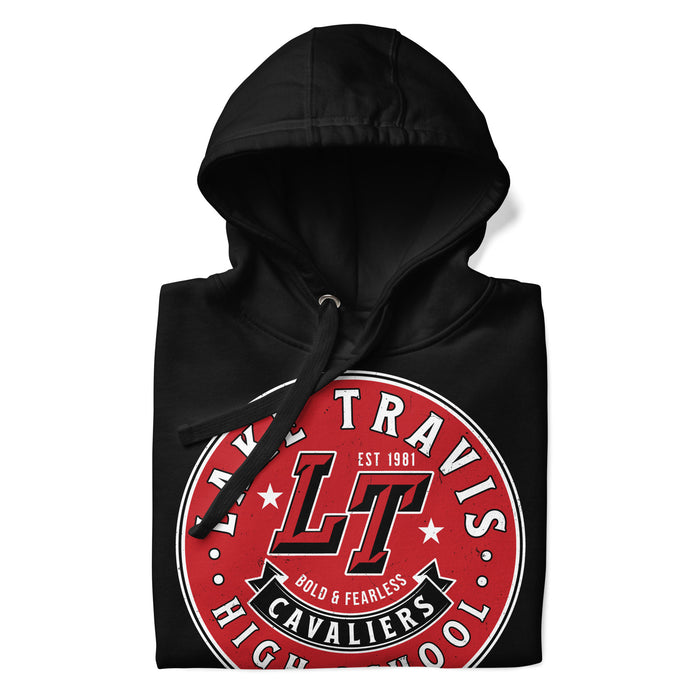 A close-up picture of a black hoodie with the Lake Travis High School Cavaliers logo folded neatly. This hoodie features design #215