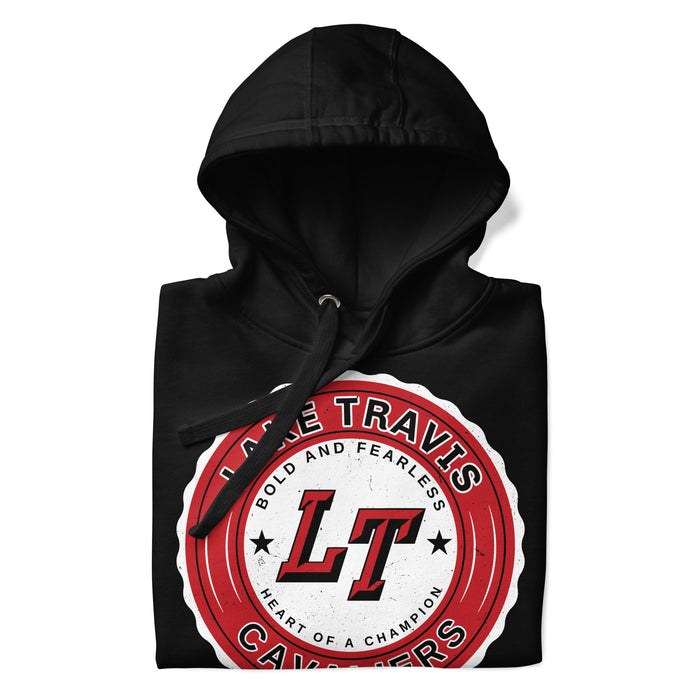 A close-up picture of a black hoodie with the Lake Travis High School Cavaliers logo folded neatly. This hoodie features design #216