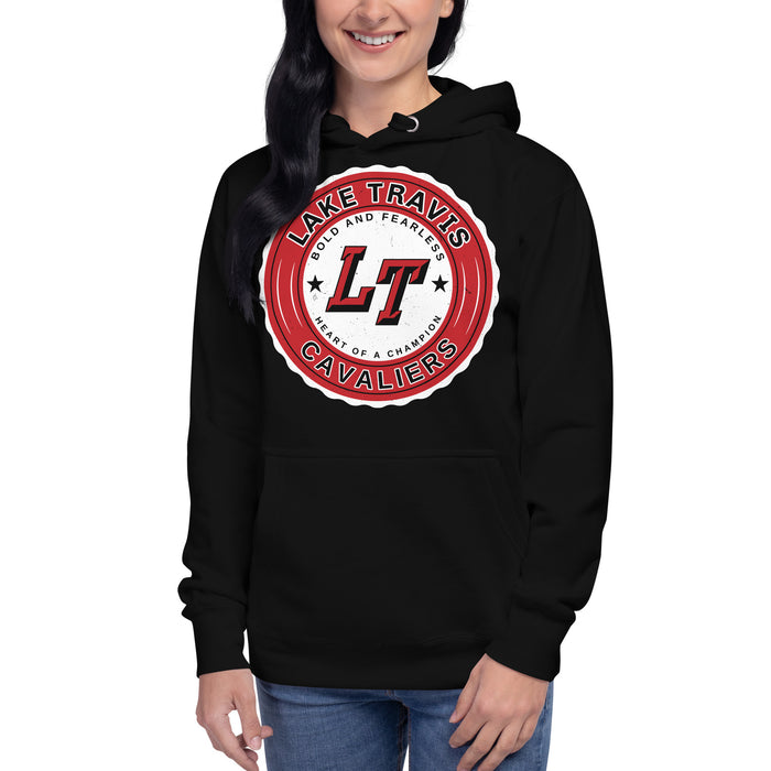 Woman wearing Lake Travis High School Cavaliers Black Premium Unisex Hoodie 216