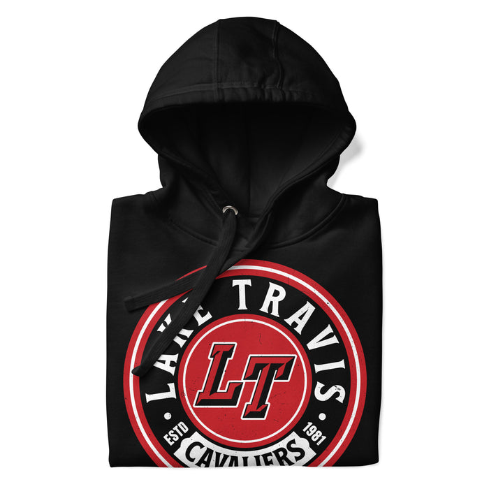 A close-up picture of a black hoodie with the Lake Travis High School Cavaliers logo folded neatly. This hoodie features design #220