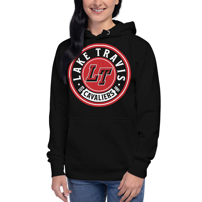 Woman wearing Lake Travis High School Cavaliers Black Premium Unisex Hoodie 220