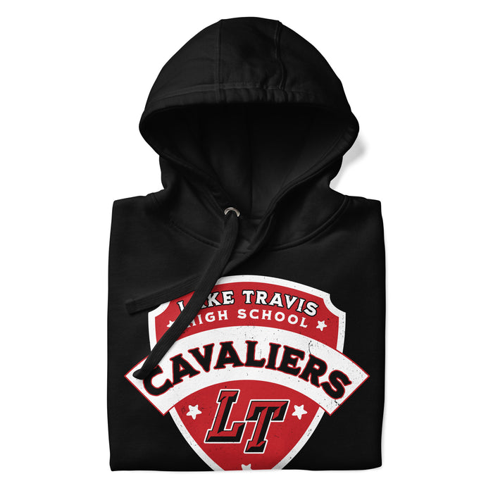 A close-up picture of a black hoodie with the Lake Travis High School Cavaliers logo folded neatly. This hoodie features design #221