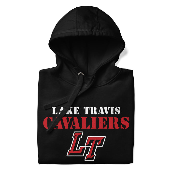 A close-up picture of a black hoodie with the Lake Travis High School Cavaliers logo folded neatly. This hoodie features design #222