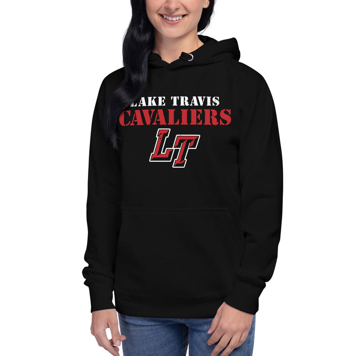 Woman wearing Lake Travis High School Cavaliers Black Premium Unisex Hoodie 222