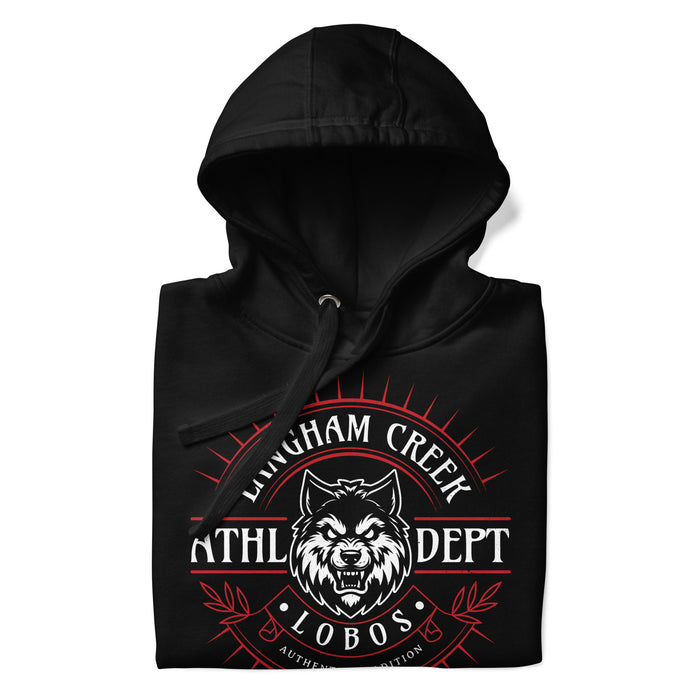 Neatly folded Langham Creek High School Lobos Black Premium Unisex Hoodie 201