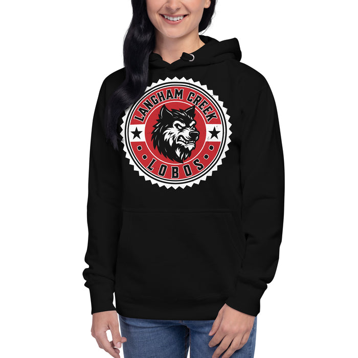 Woman wearing Langham Creek High School Lobos Black Premium Unisex Hoodie 203