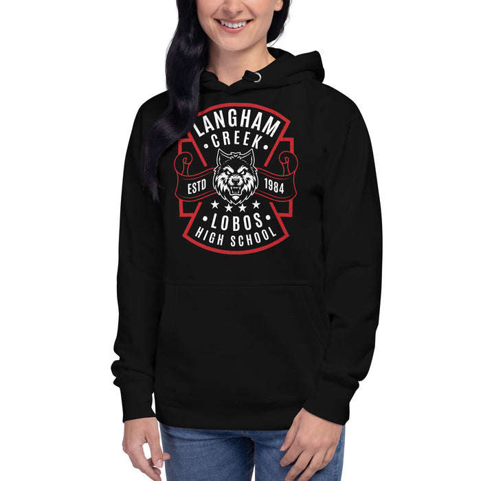 Woman wearing Langham Creek High School Lobos Black Premium Unisex Hoodie 207