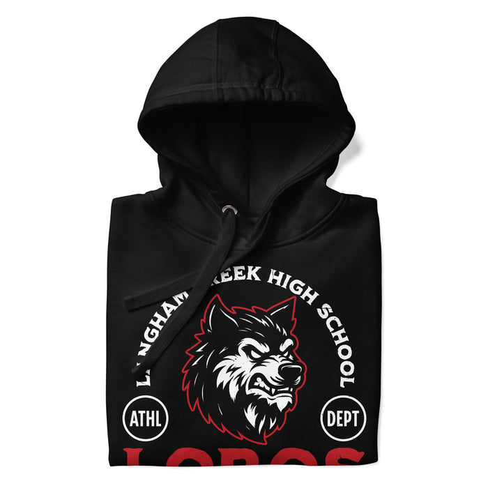 Neatly folded Langham Creek High School Lobos Black Premium Unisex Hoodie 208