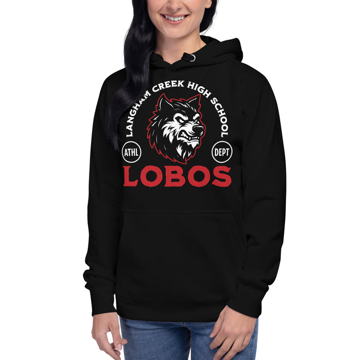 Woman wearing Langham Creek High School Lobos Black Premium Unisex Hoodie 208