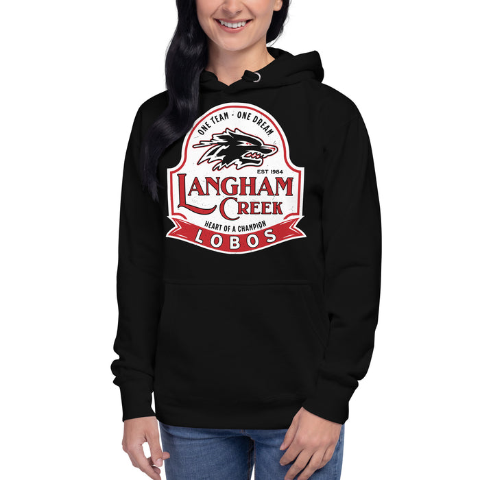 Woman wearing Langham Creek High School Lobos Black Premium Unisex Hoodie 219