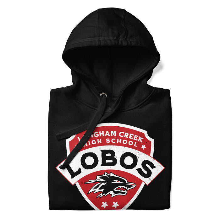 Neatly folded Langham Creek High School Lobos Black Premium Unisex Hoodie 221