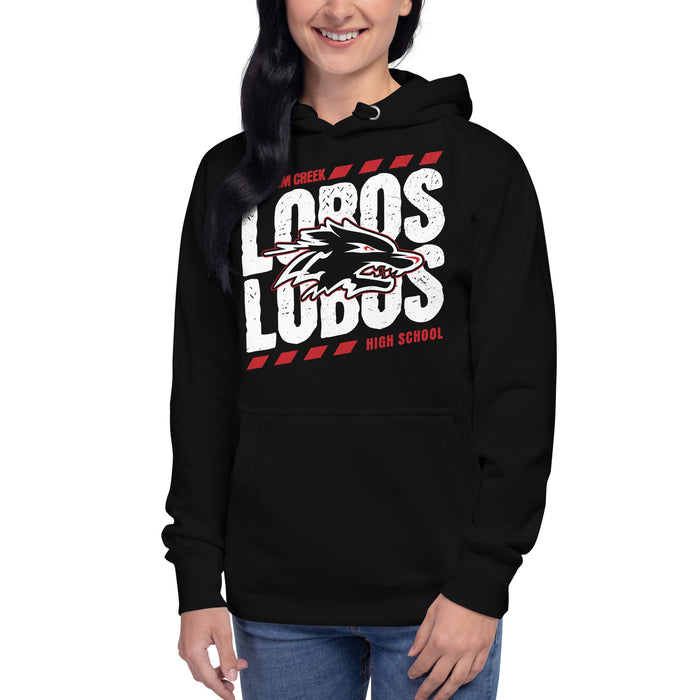 Woman wearing Langham Creek High School Lobos Black Premium Unisex Hoodie 223