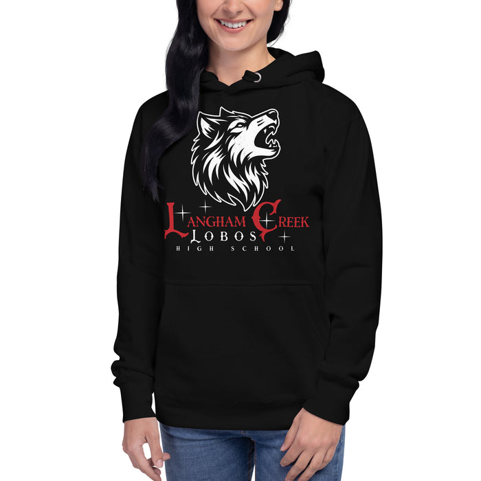 Woman wearing Langham Creek High School Lobos Black Premium Unisex Hoodie 224