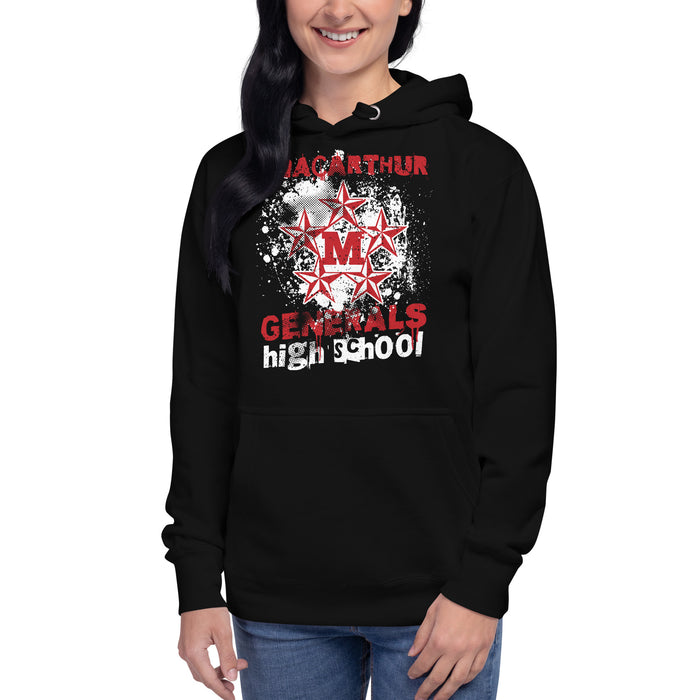 Woman wearing MacArthur High School Generals Black Premium Unisex Hoodie 205