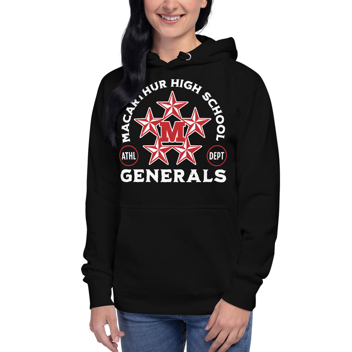 Woman wearing MacArthur High School Generals Black Premium Unisex Hoodie 208