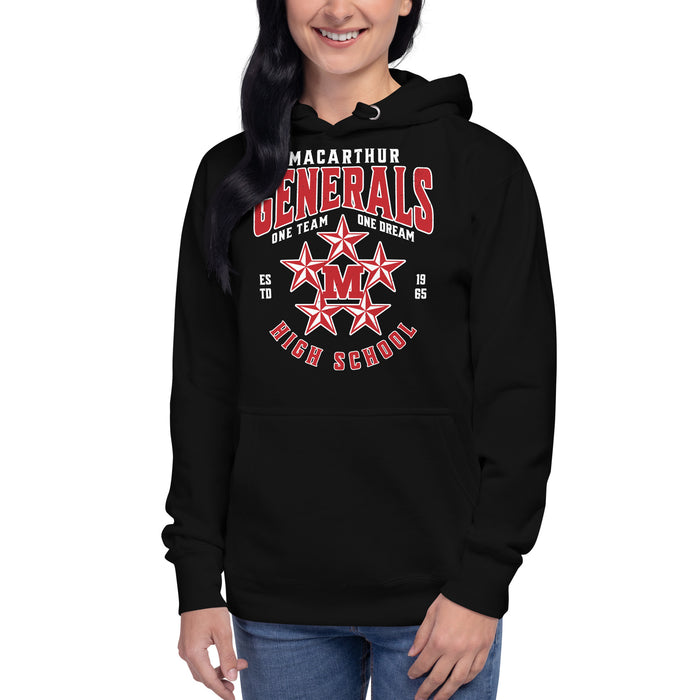 Woman wearing MacArthur High School Generals Black Premium Unisex Hoodie 213