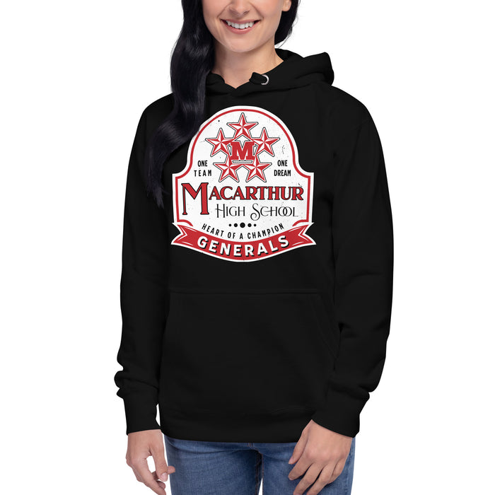 Woman wearing MacArthur High School Generals Black Premium Unisex Hoodie 219