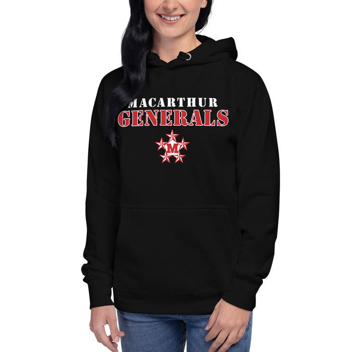 Woman wearing MacArthur High School Generals Black Premium Unisex Hoodie 222