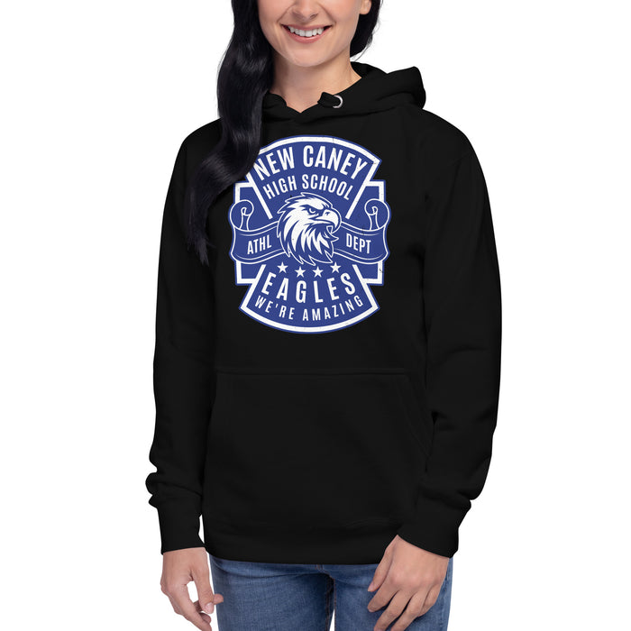 Woman wearing New Caney High School Eagles Black Premium Unisex Hoodie 207