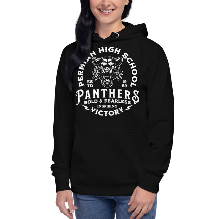 Woman wearing Permian High School Panthers Black Premium Unisex Hoodie 206