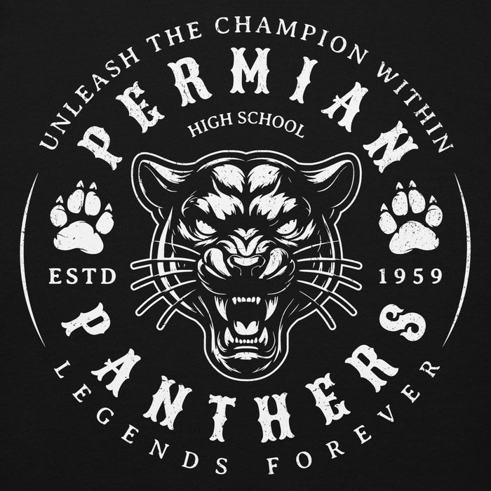 Close-up view of Permian High School Panthers Black Premium Unisex Hoodie 214