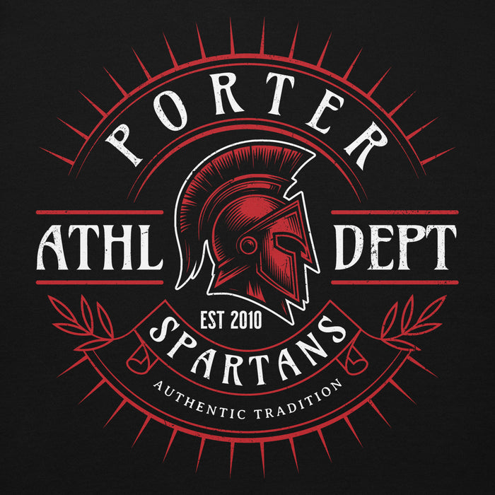 Close-up view of Porter High School Spartans Black Premium Unisex T-shirt 201