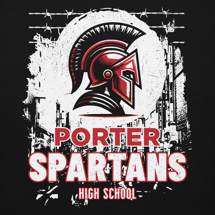 Close-up view of Porter High School Spartans Black Premium Unisex T-shirt 202