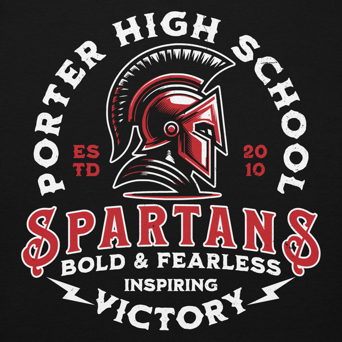 Close-up view of Porter High School Spartans Black Premium Unisex T-shirt 206