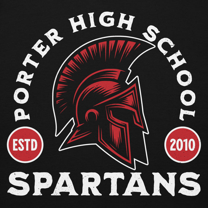 Close-up view of Porter High School Spartans Black Premium Unisex T-shirt 208