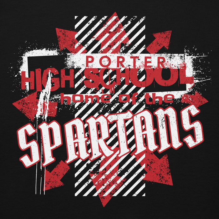 Close-up view of Porter High School Spartans Black Premium Unisex T-shirt 210