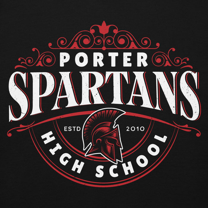 Close-up view of Porter High School Spartans Black Premium Unisex T-shirt 211