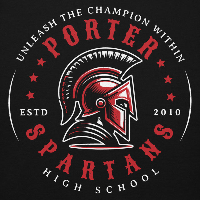 Close-up view of Porter High School Spartans Black Premium Unisex T-shirt 214