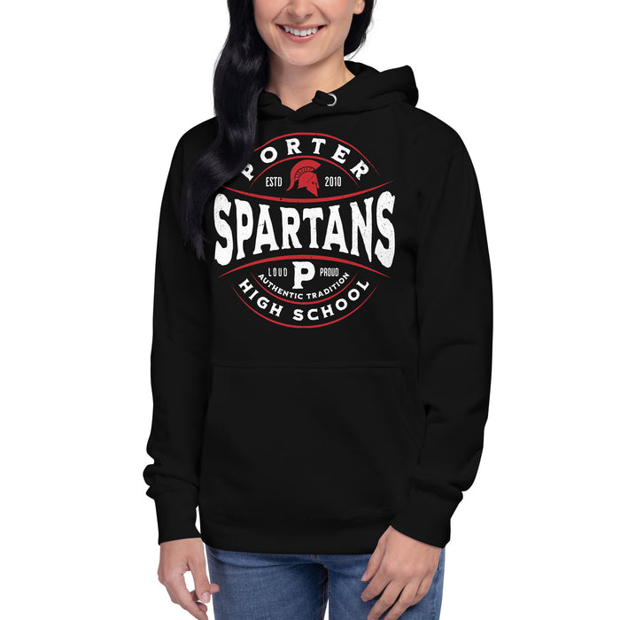 Woman wearing Porter High School Spartans Black Premium Unisex T-shirt 218