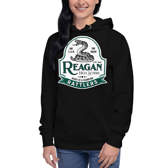 Woman wearing Reagan High School Rattlers Premium Black Hoodie 219