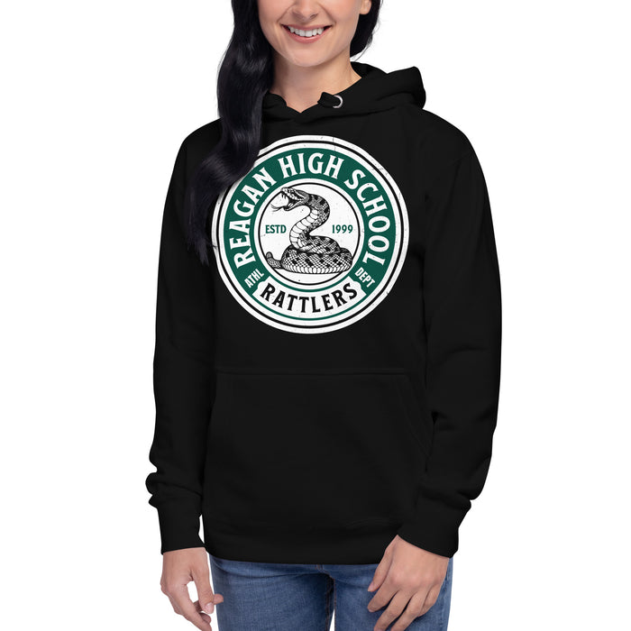 Woman wearing Reagan High School Rattlers Premium Black Hoodie 220