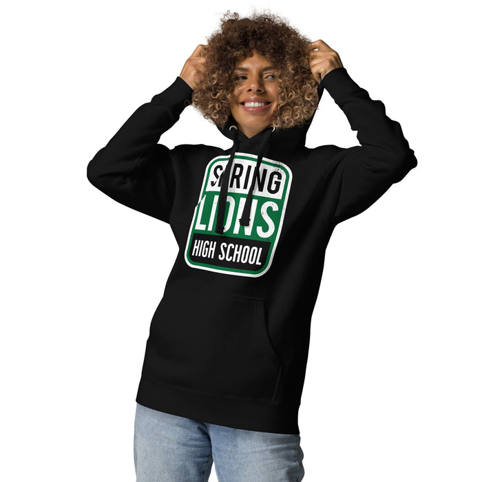 Woman wearing Spring High School Lions Black Premium Unisex Hoodie 001