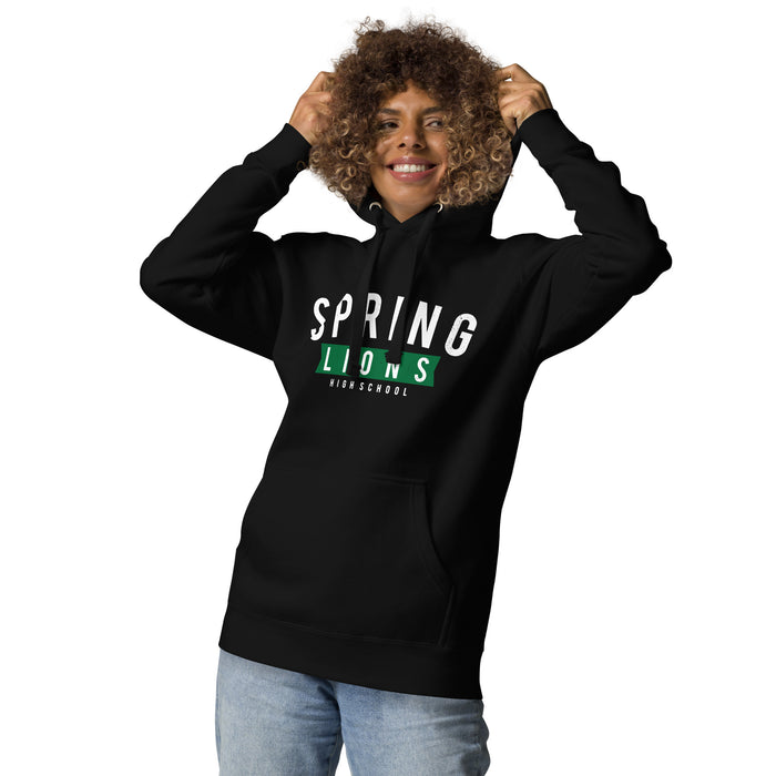 Woman wearing Spring High School Lions Black Premium Unisex Hoodie 021