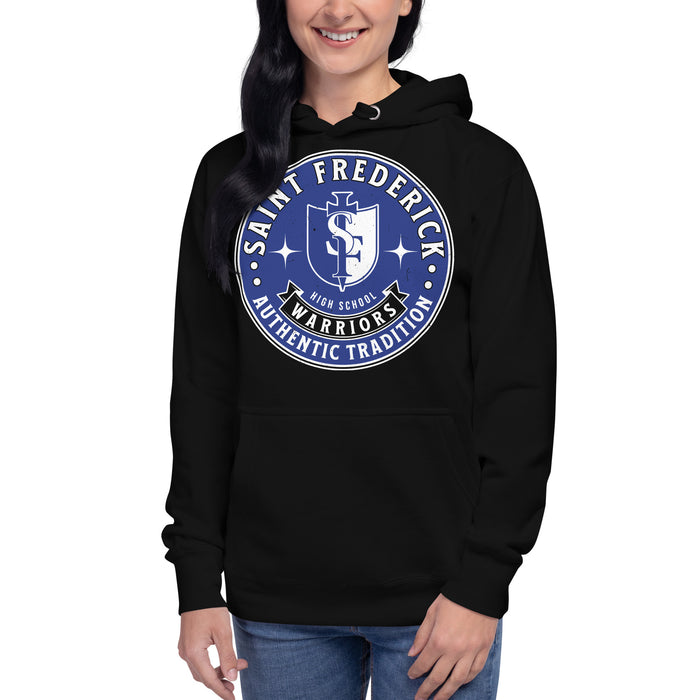 Woman wearing St. Frederick High School Warriors Black Premium Unisex Hoodie 215