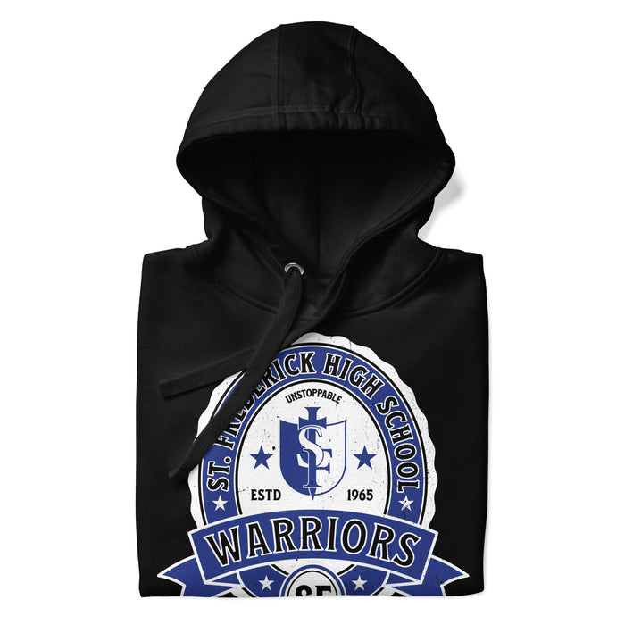 Neatly folded view of St. Frederick High School Warriors Black Premium Unisex Hoodie 212