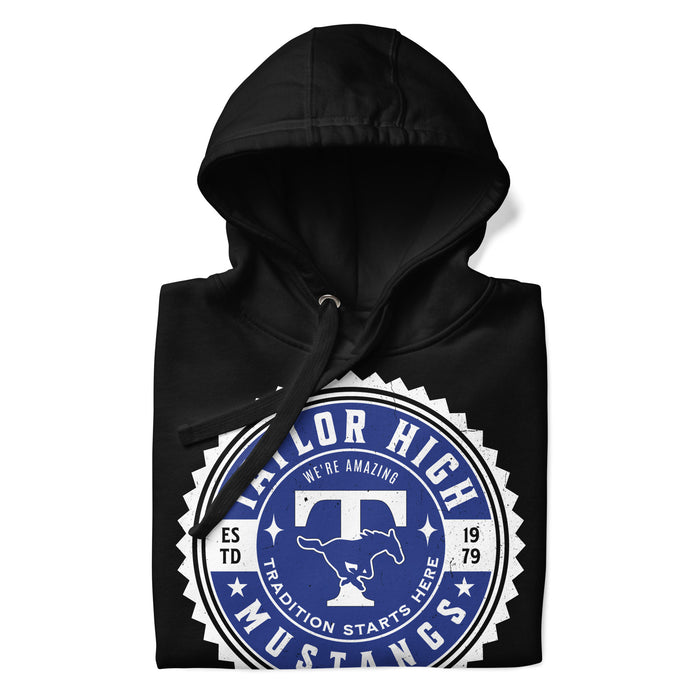 Neatly folded view of Taylor High School Mustangs Black Premium Unisex Hoodie 203