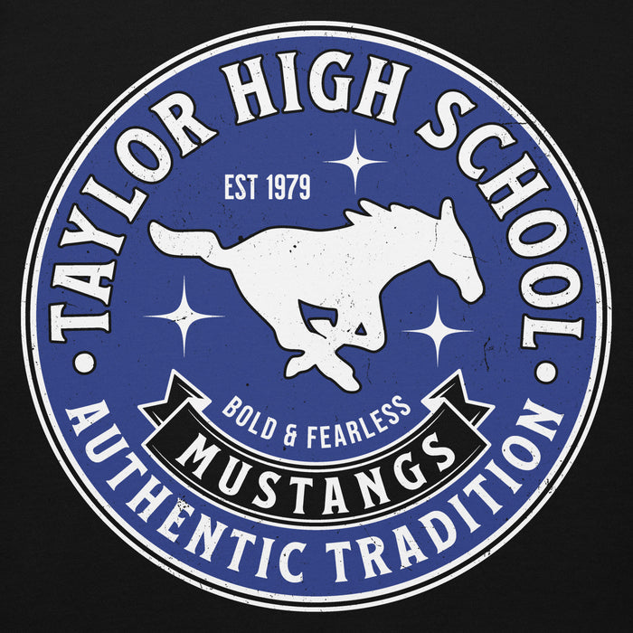 Close-up view of Taylor High School Mustangs Black Premium Unisex Hoodie 215