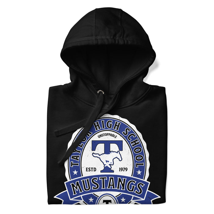 Neatly folded view of Taylor High School Mustangs Black Premium Unisex Hoodie 212